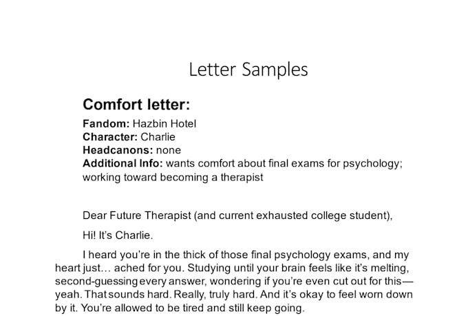 write a letter from your comfort character
